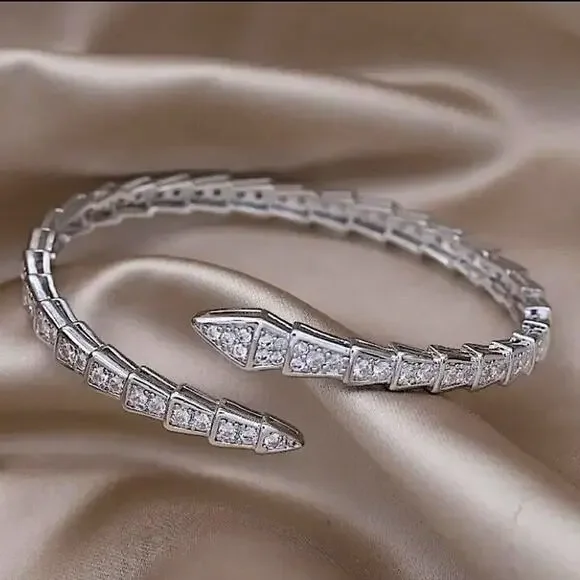 Silver Zircon Snake Bangle Bracelet Ring Set, Luxury - Picture 2 of 8